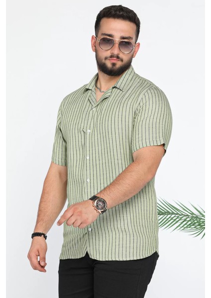 Slim Fit Çizgili Keten Gömlek