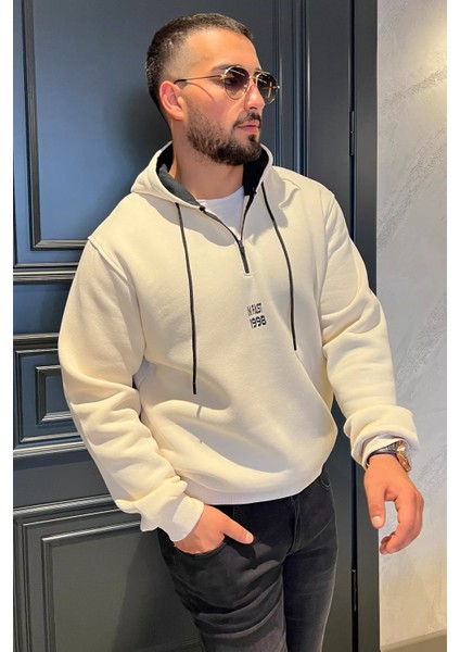 Erkek Kapüşonlu Yarım Fermuarlı Şardonlu Slim Fit Üç Iplik Sweatshirt