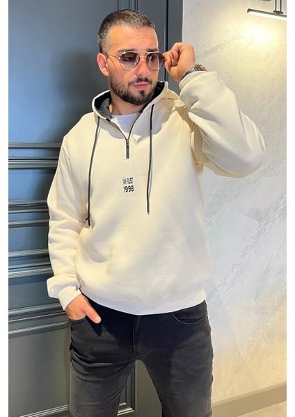 Erkek Kapüşonlu Yarım Fermuarlı Şardonlu Slim Fit Üç Iplik Sweatshirt