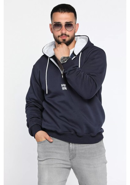 Erkek Kapüşonlu Yarım Fermuarlı Şardonlu Slim Fit Üç Iplik Sweatshirt