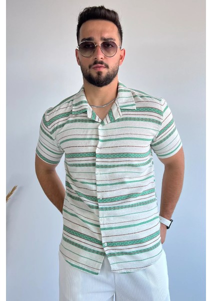 Slim Fit Çizgili Keten Gömlek