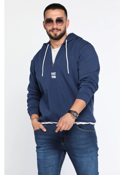 Erkek Kapüşonlu Yarım Fermuarlı Şardonlu Slim Fit Üç Iplik Sweatshirt