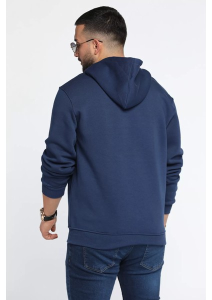 Erkek Kapüşonlu Yarım Fermuarlı Şardonlu Slim Fit Üç Iplik Sweatshirt