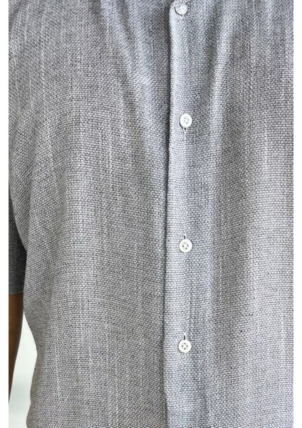 Slim Fit Kendinden Desenli Keten Gömlek