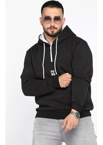 Erkek Kapüşonlu Yarım Fermuarlı Şardonlu Slim Fit Üç Iplik Sweatshirt
