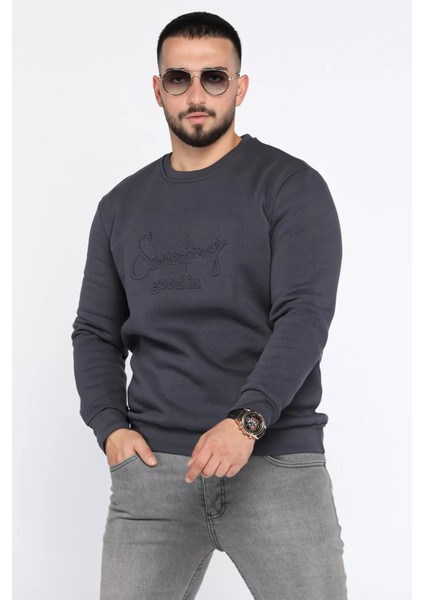 Erkek Bisiklet Yaka Şardonlu Üç Iplik Sweatshirt