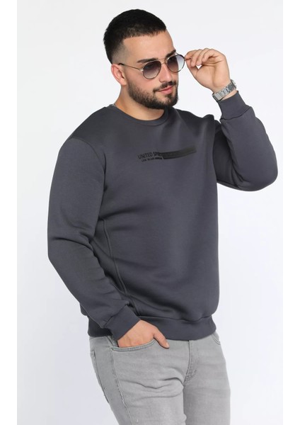 Bisiklet Yaka Kabartma Baskılı Üç Iplik Şardonlu Erkek Sweatshirt