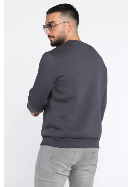 Bisiklet Yaka Kabartma Baskılı Üç Iplik Şardonlu Erkek Sweatshirt