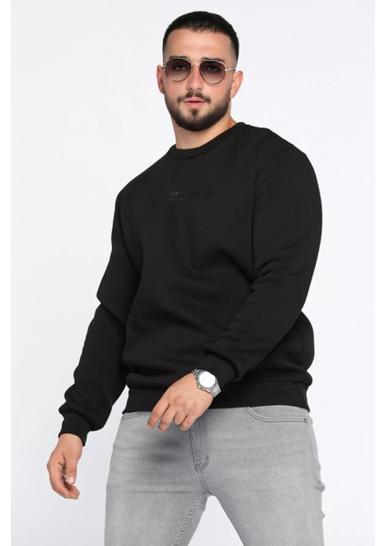 Bisiklet Yaka Kabartma Baskılı Üç Iplik Şardonlu Erkek Sweatshirt