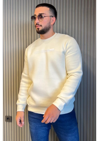 Bisiklet Yaka Kabartma Baskılı Üç Iplik Şardonlu Erkek Sweatshirt