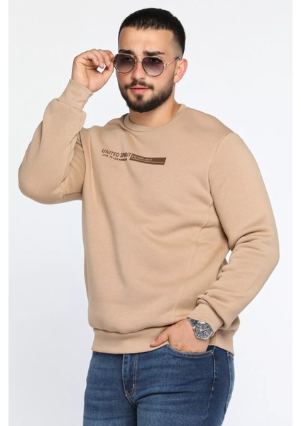 Bisiklet Yaka Kabartma Baskılı Üç Iplik Şardonlu Erkek Sweatshirt