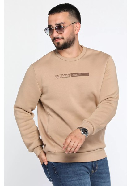 Bisiklet Yaka Kabartma Baskılı Üç Iplik Şardonlu Erkek Sweatshirt