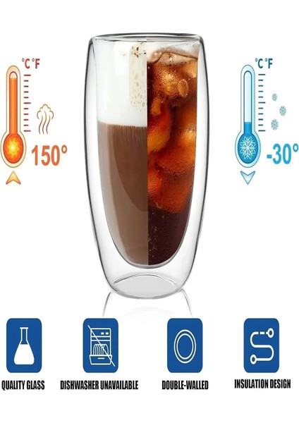 12'li Çift Cidarlı Bardak 250 ml Ev Ofis Çay Fincanı Kahve Sunum Bardağı Dayanıklı Kupa Cam Bardak