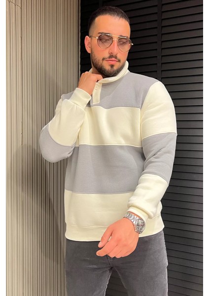 Polo Yaka Renk Garnili Üç Iplik Şardonlu Erkek Sweatshirt