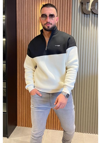 Yarım Fermuarlı Dik Yaka Üç Iplik Şardonlu Erkek Sweatshirt