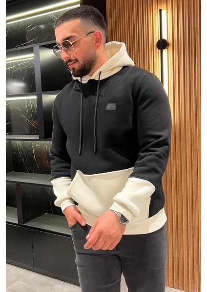 Erkek Kapüşonlu Kanguru Cepli Şardonlu Üç Iplik Sweatshirt