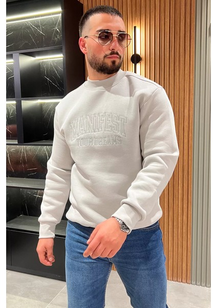 Bisiklet Yaka Nakışlı Üç Iplik Şardonlu Erkek Sweatshirt