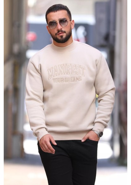 Bisiklet Yaka Nakışlı Üç Iplik Şardonlu Erkek Sweatshirt