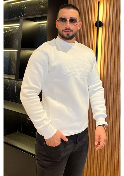 Bisiklet Yaka Nakışlı Üç Iplik Şardonlu Erkek Sweatshirt modelleri