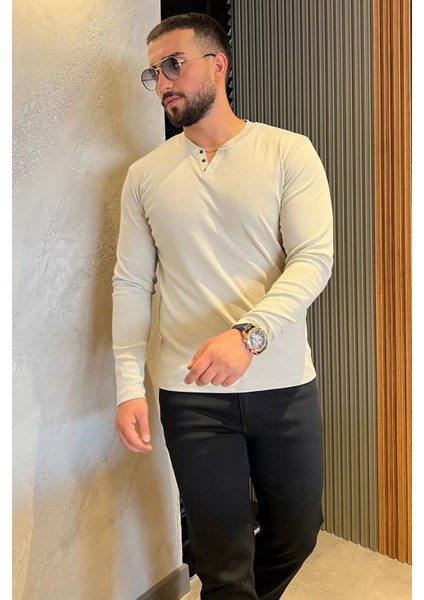 Yaka Düğme Detaylı Erkek Body Sweatshirt