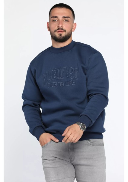 Bisiklet Yaka Nakışlı Üç Iplik Şardonlu Erkek Sweatshirt