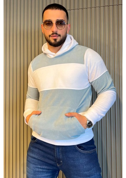 Erkek Kapüşonlu Renk Garnili Polar Sweatshirt
