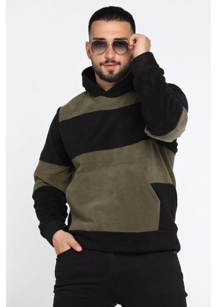 Erkek Kapüşonlu Renk Garnili Polar Sweatshirt