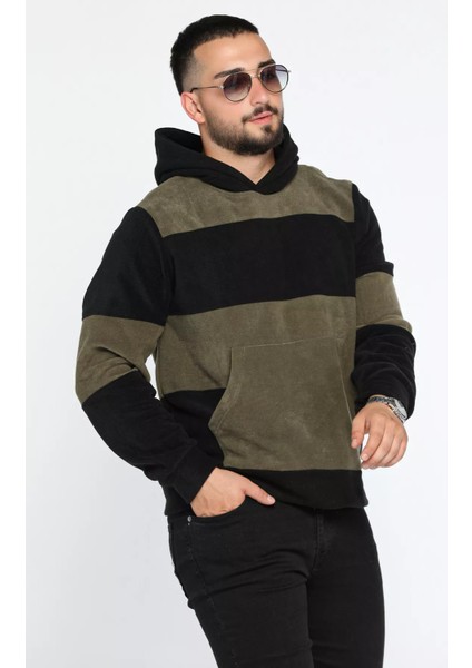 Erkek Kapüşonlu Renk Garnili Polar Sweatshirt