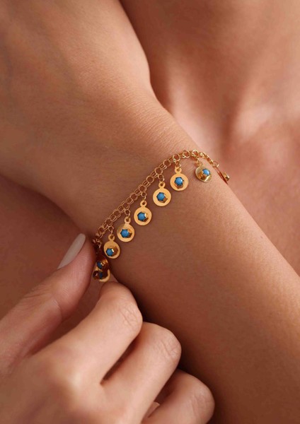 14 Ayar Altın Mavi Boncuklu Pullu Bileklik modelleri