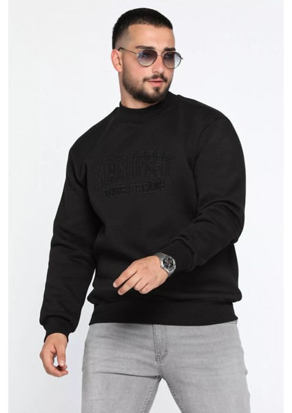 Bisiklet Yaka Nakışlı Üç Iplik Şardonlu Erkek Sweatshirt