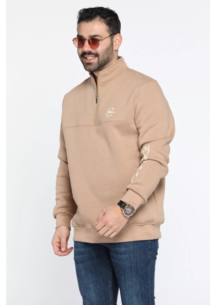 Dik Yaka Yarım Fermuarlı Üç Iplik Şardonlu Erkek Sweatshirt