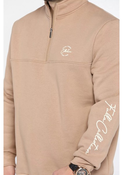 Dik Yaka Yarım Fermuarlı Üç Iplik Şardonlu Erkek Sweatshirt fırsatları