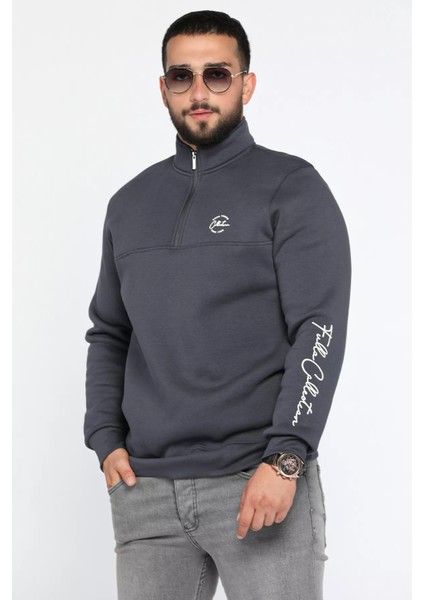 Dik Yaka Yarım Fermuarlı Üç Iplik Şardonlu Erkek Sweatshirt