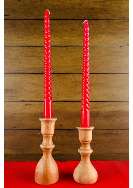 2 Li Damla Model Ahşap Şamdan Seti, Dekoratif Şamdan - 12 ve 17 cm