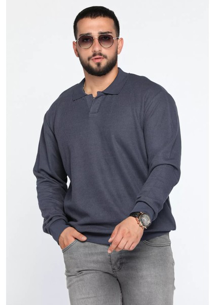 Erkek Polo Yaka Kendinden Desenli Sweatshirt