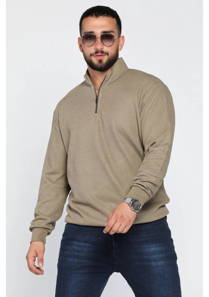 Erkek Dik Yaka Yarım Fermuarlı Kendinden Desenli Sweatshirt