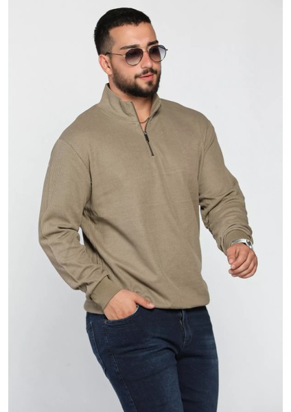 Erkek Dik Yaka Yarım Fermuarlı Kendinden Desenli Sweatshirt