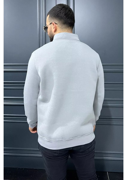 Dik Yaka Yarım Fermuarlı Üç Iplik Şardonlu Erkek Sweatshirt modelleri