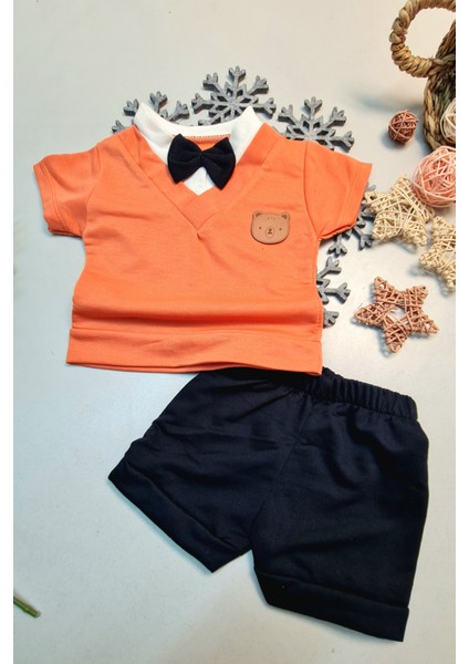 Erkek Bebek Papyonlu Kısa Kollu Yazlık Şık Alt Üst Takım Turuncu fiyatları