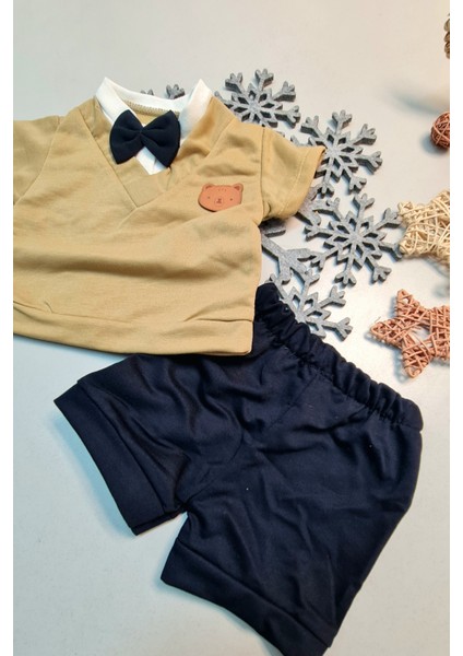 Erkek Bebek Papyonlu Kısa Kollu Yazlık Şık Alt Üst Takım Kahverengi fiyatları