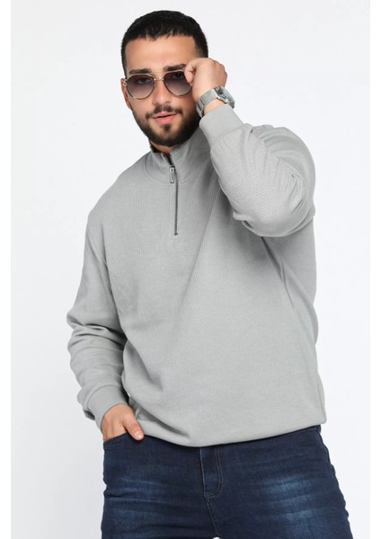 Erkek Dik Yaka Yarım Fermuarlı Kendinden Desenli Sweatshirt
