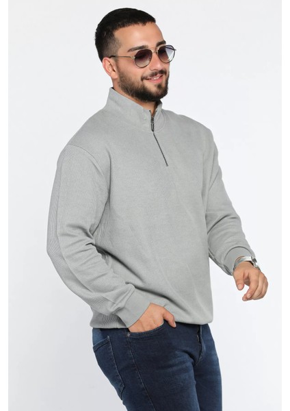 Erkek Dik Yaka Yarım Fermuarlı Kendinden Desenli Sweatshirt fiyatları