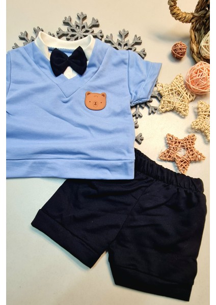 Erkek Bebek Papyonlu Kısa Kollu Yazlık Şık Alt Üst Takım Mavi fiyatları