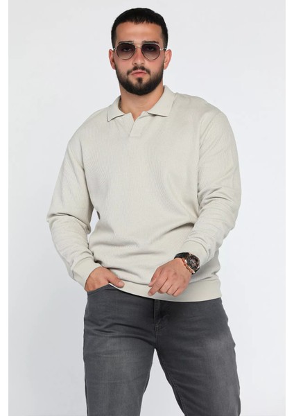 Erkek Polo Yaka Kendinden Desenli Sweatshirt