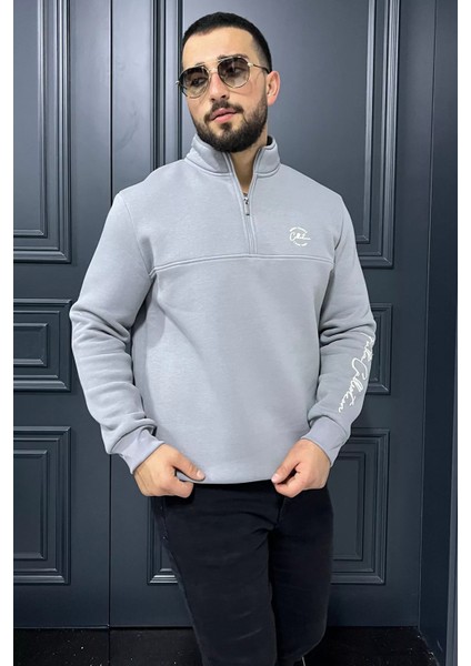 Dik Yaka Yarım Fermuarlı Üç Iplik Şardonlu Erkek Sweatshirt