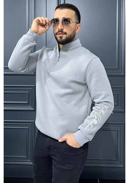 Dik Yaka Yarım Fermuarlı Üç Iplik Şardonlu Erkek Sweatshirt