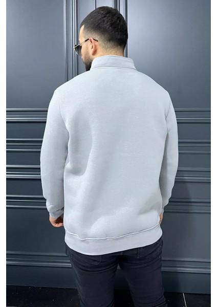 Dik Yaka Yarım Fermuarlı Üç Iplik Şardonlu Erkek Sweatshirt