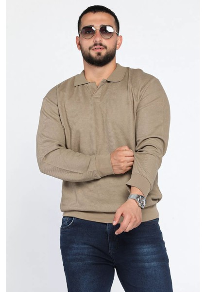 Erkek Polo Yaka Kendinden Desenli Sweatshirt