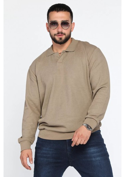 Erkek Polo Yaka Kendinden Desenli Sweatshirt