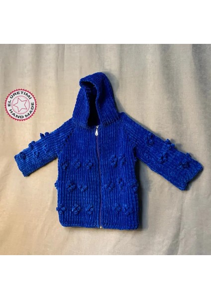 El Örgüsü Kapüşonlu Lacivert Unisex Çocuk Yün Hırka - 18 / 24 Ay